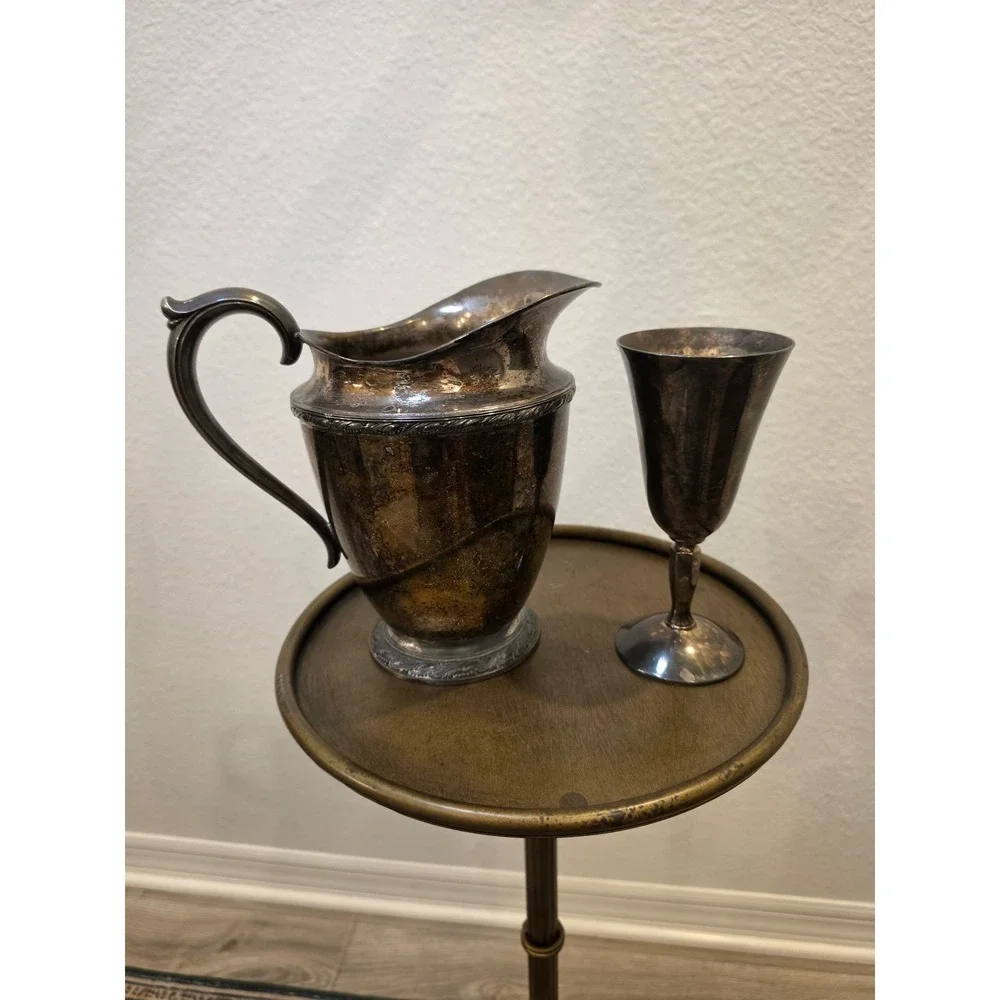 Vintage Silver colored Water Pitcher and Goblet Set Ornate Barware Decor